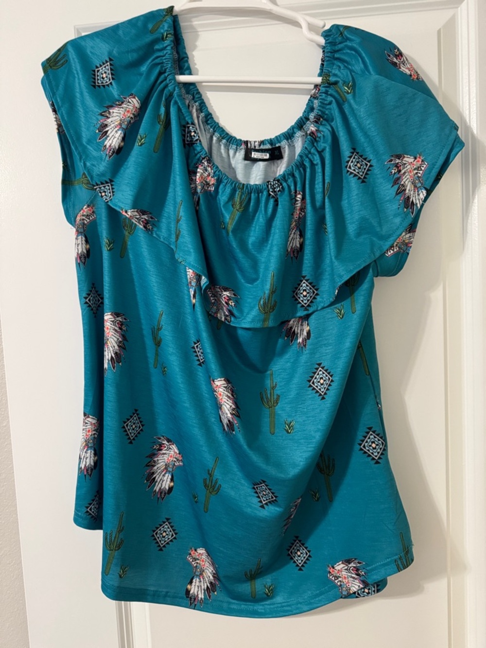 Women’s Teal Ruffle-Neck Short Sleeve Blouse with Southwestern Print